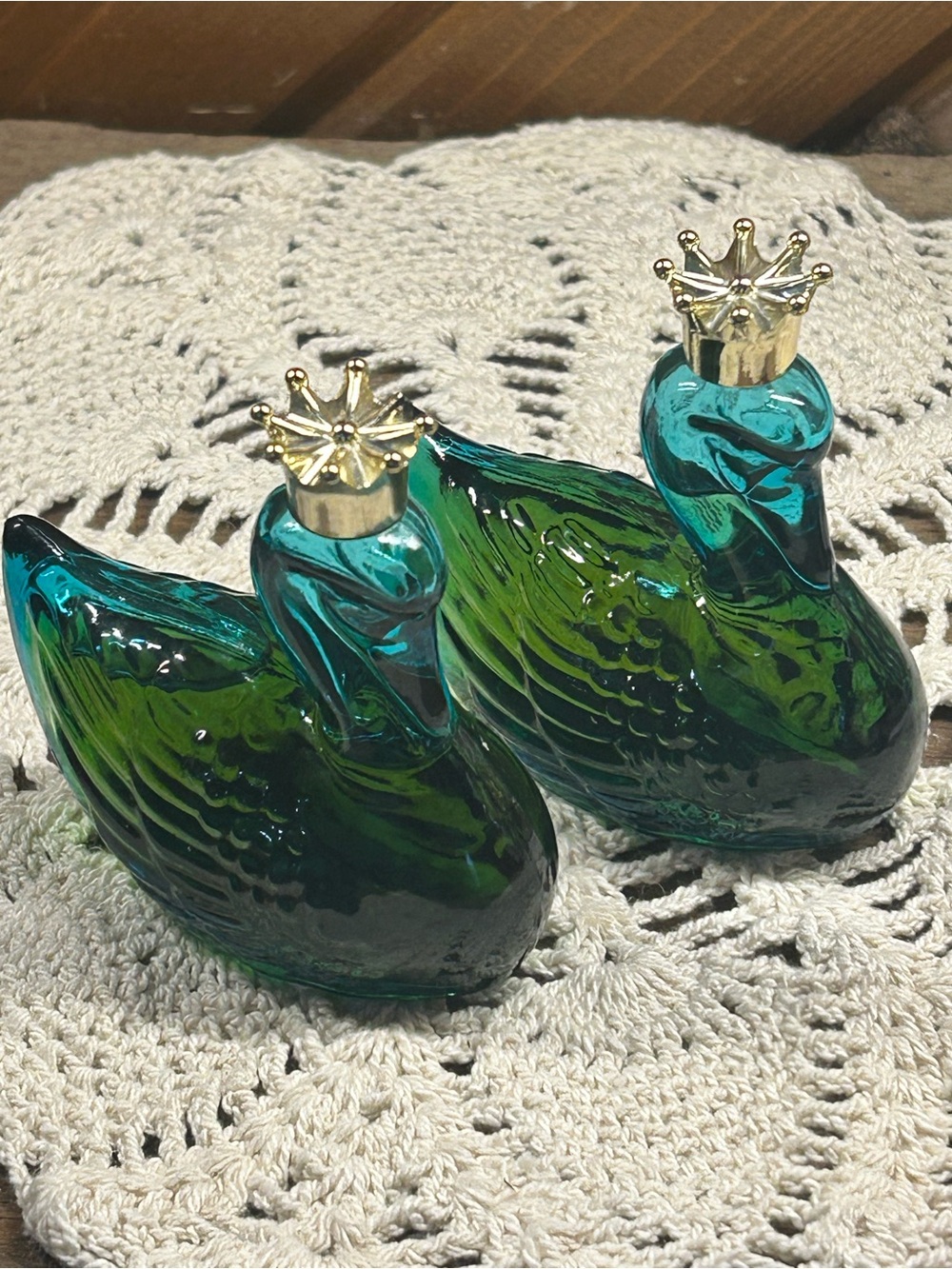 Vintage Avon Teal Royal Swan Empty Decanters - Set of 2